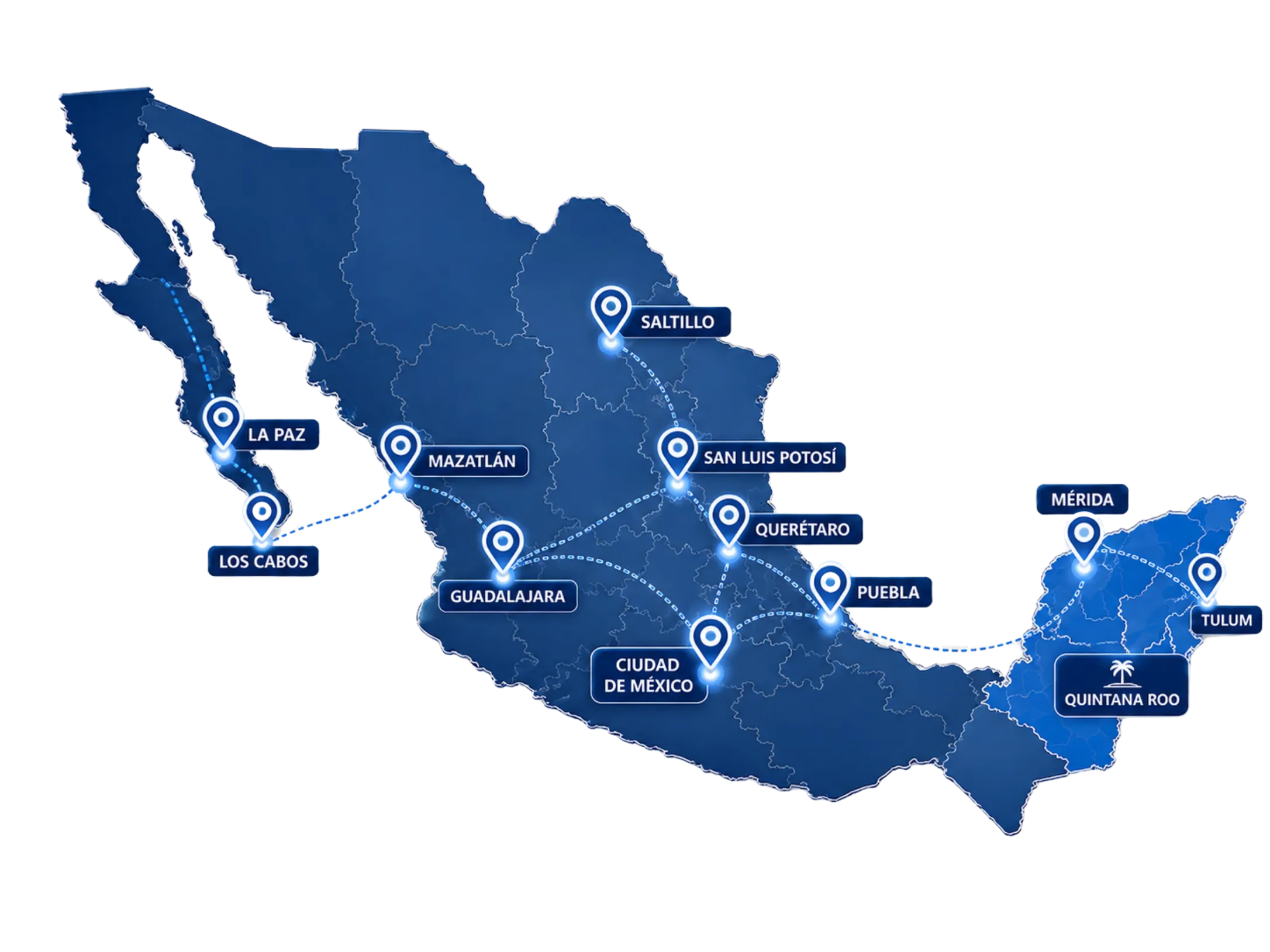 Mapa de México con rutas frecuentes de traslado vehicular